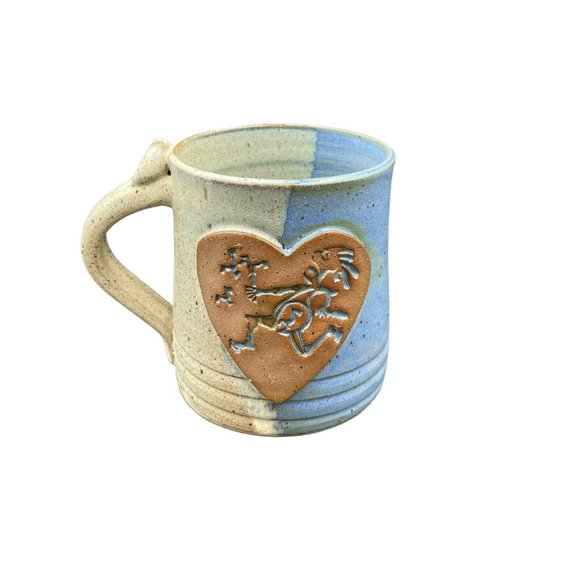 Handmade Other - Honey Creek Art Pottery Mug Heavy Blue Cream Heart Man Runnng